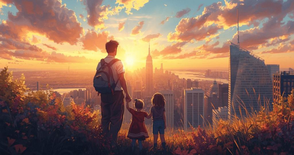 Vater mit Kindern beim Sonnenuntergang vor Großstadt in den USA, steht für auswandern nach Amerika als Familie