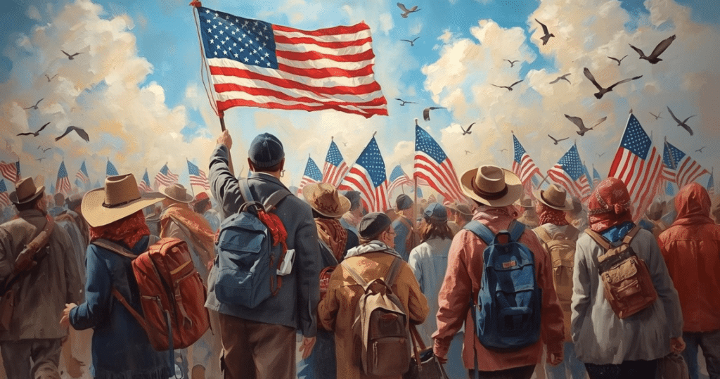 Gruppe mit US-Flaggen beim Auswanderer-Event in Amerika, Sinnbild für als Deutscher in die USA leben und Gemeinschaft finden
