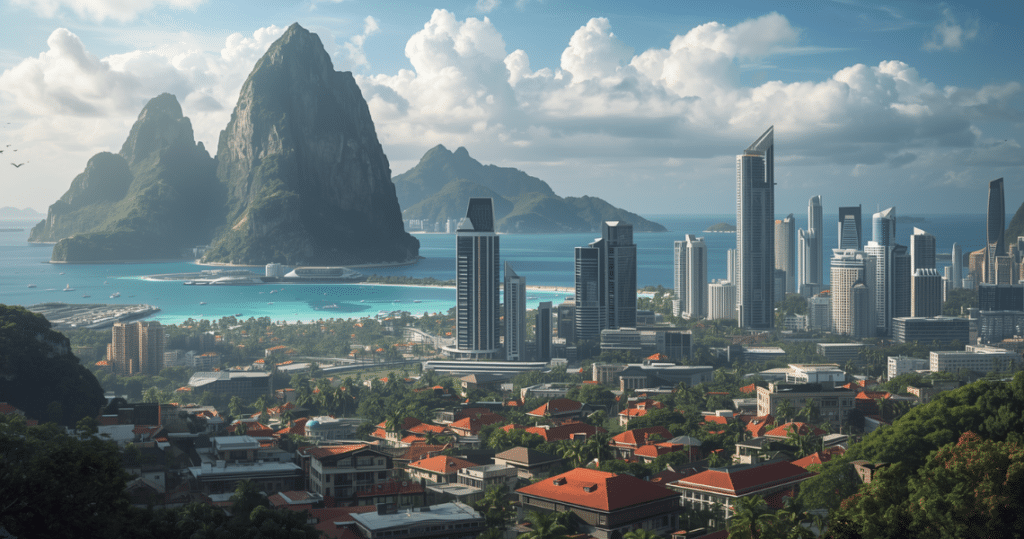 Blick auf die Hauptstadt der Seychellen mit Bergen und Meer, viele deutsche auswanderer auf den seychellen berichten von ihren positiven erfahrungen