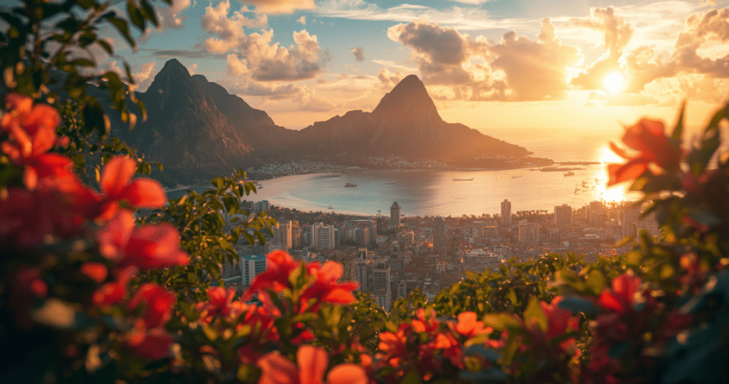 Stadt auf den Seychellen, umgeben von Bergen und Meer bei Sonnenuntergang, naturverbundene Erlebnisse für alle, die auswandern auf die seychellen planen