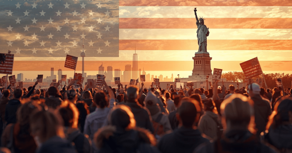 Menschenmenge vor der Freiheitsstatue in New York beim Auswandern in die USA, Symbol für das Leben und Arbeiten in Amerika