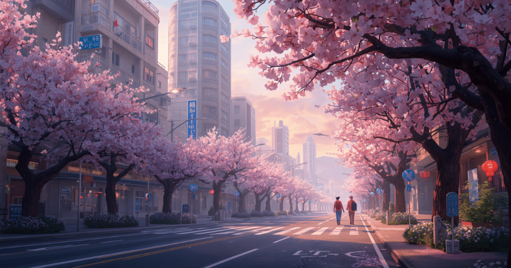 Blick auf Seoul mit Kirschblüten, vereint die Themen südkorea auswandern, nach südkorea auswandern voraussetzungen, auswandern südkorea, nach südkorea auswandern, auswandern nach südkorea