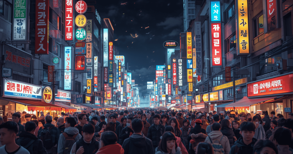 Abendlicher Stadttrubel mit vielen Menschen, ideal für südkorea auswandern, auswandern nach südkorea, auswandern südkorea, nach südkorea auswandern, nach südkorea auswandern voraussetzungen