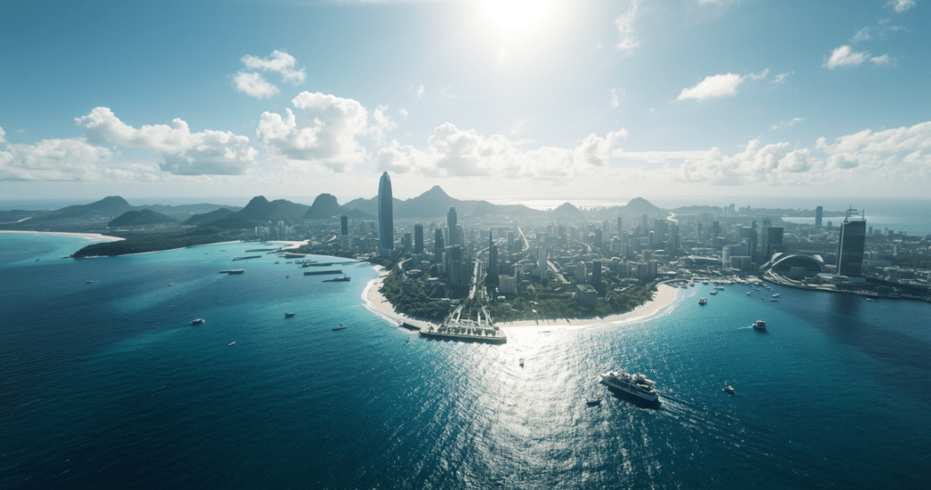 Moderne Stadt und Küste auf den Seychellen aus der Luftperspektive, ideal für deutsche auswanderer seychellen, die Business und Lifestyle kombinieren