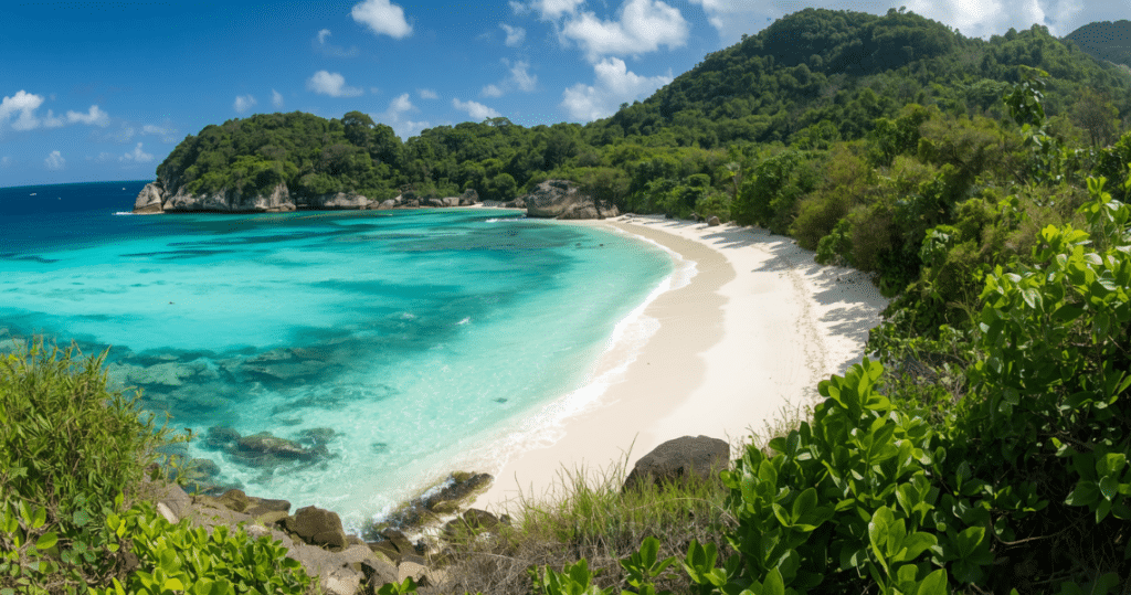 Türkisblaues Meer und einsamer Traumstrand auf den Seychellen, perfekt für auswandern seychellen rentner und ein sorgenfreies Leben im Ruhestand