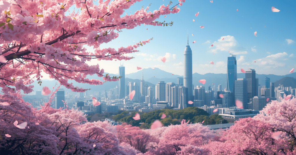 Menschen in einer Allee voller Kirschblüten in einer koreanischen Stadt, perfekt für südkorea auswandern, auswandern nach südkorea, auswandern südkorea, nach südkorea auswandern, nach südkorea auswandern voraussetzungen