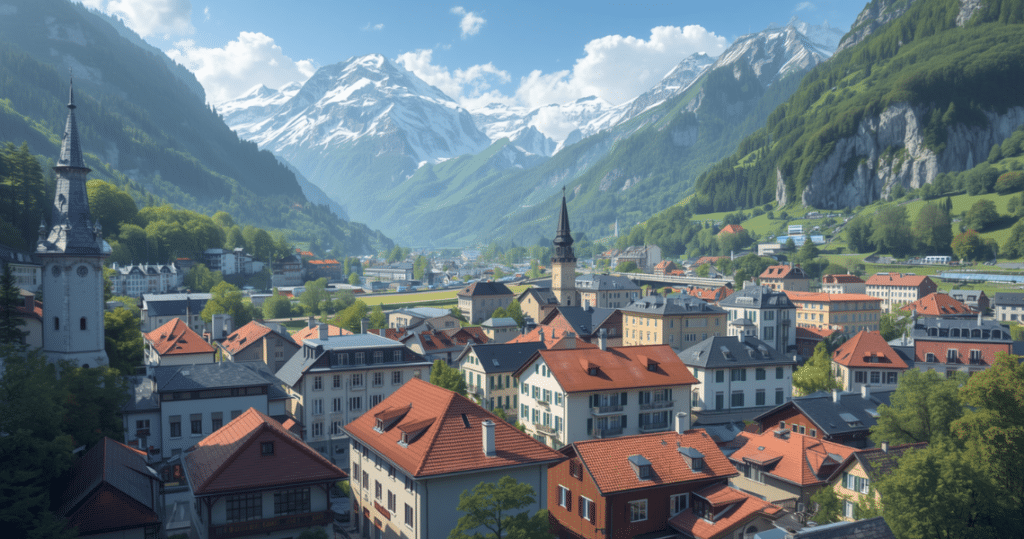 Sonnige Berglandschaft mit Dorf in Liechtenstein – der ideale Ort für Auswandern nach Liechtenstein als Rentner mit vielen Möglichkeiten für ein neues Leben