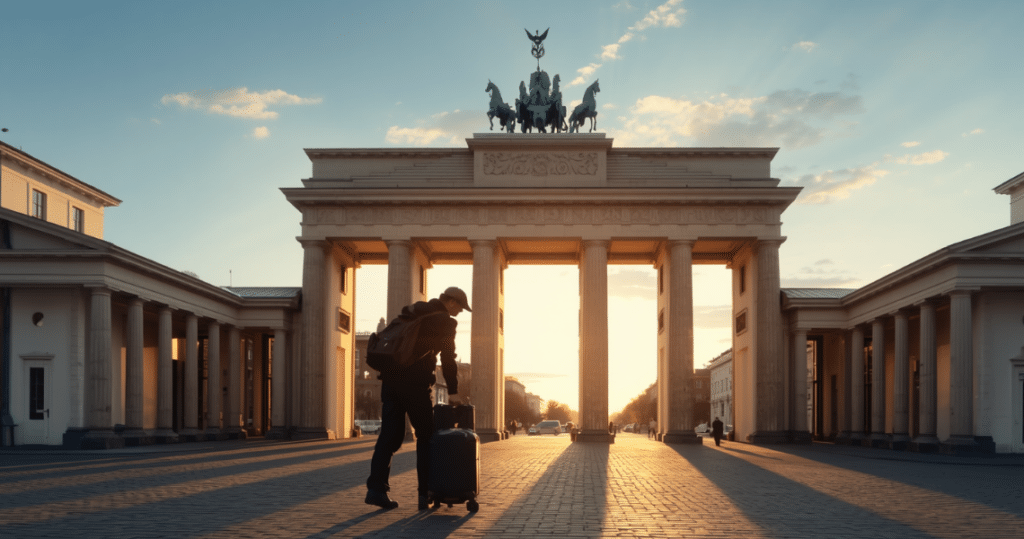 Reisender mit Koffer vor Brandenburger Tor – Symbol für Wohnsitzabmeldung, Ausreise und Start ins Ausland