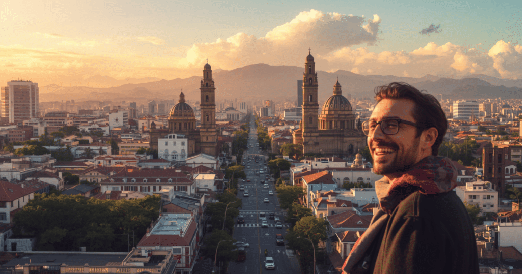 Unternehmer blickt bei Sonnenuntergang auf die Skyline von San Salvador mit berühmten Kathedralen und Bergen, perfekte Kulisse für Auswanderer und Gründer.