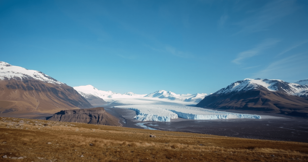 Blick auf Gletscher und schneebedeckte Berge in Island, ideal für die Illustration einer Auswanderung nach Island und deren Voraussetzungen.