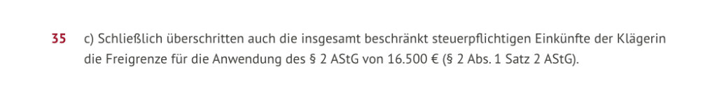 Screenshot aus einem BFH-Urteil zur erweiterten beschränkten Steuerpflicht nach § 2 AStG mit Hinweis auf insgesamt beschränkt steuerpflichtige Einkünfte über 16.500 Euro