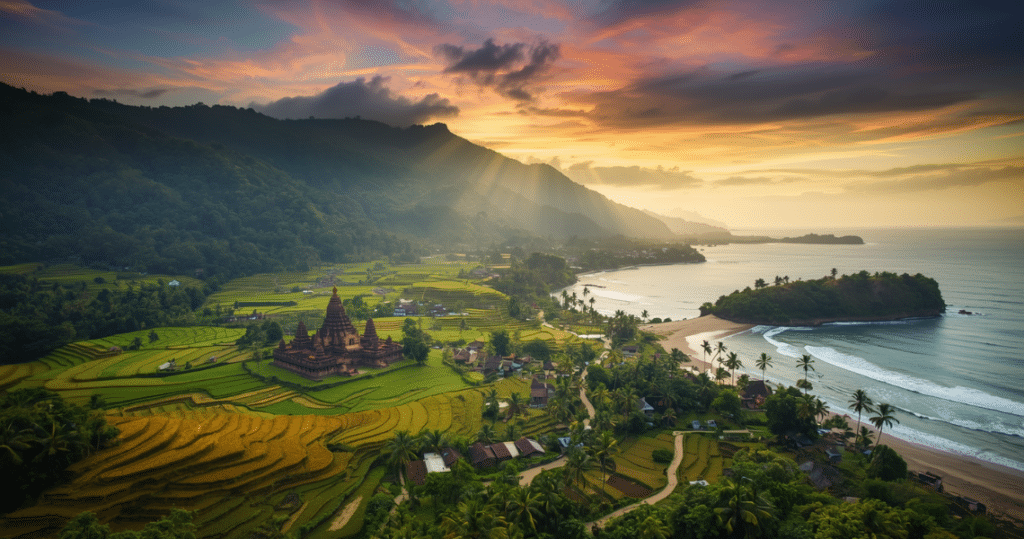 Sonnenaufgang über einer balinesischen Tempelanlage und Reisterrassen – Symbol für das Auswandern nach Bali, Leben als Auswanderer in Indonesien und optimale Voraussetzungen