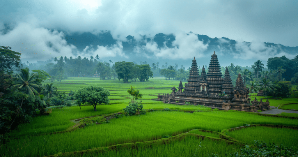 Eindrucksvolle Landschaft mit Tempel und Reisfeldern auf Bali – perfekte Darstellung für Bali auswandern, Auswanderer auf Bali, als Rentner nach Indonesien auswandern