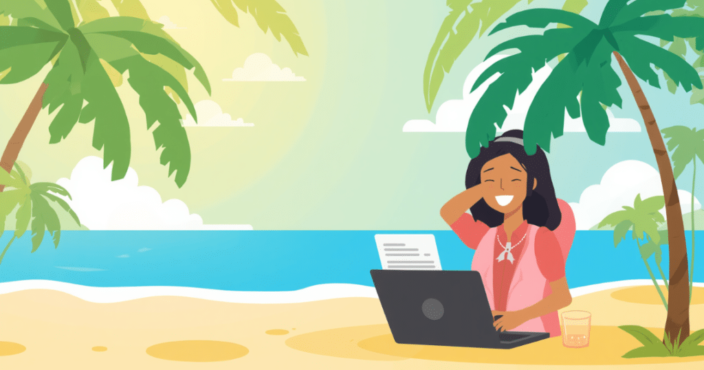 Frau arbeitet am Laptop am Strand, symbolisiert die Anwendung der 183 Tage Regelung bei digitalen Nomaden zur Steuerersparnis