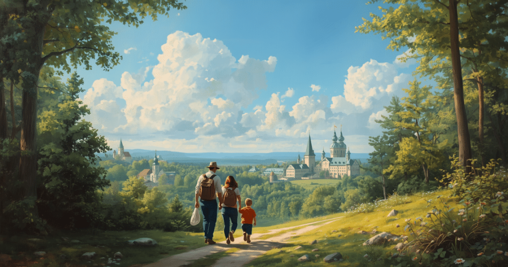 Familie wandert durch die Natur zur estnischen Stadt – auswandern nach Estland Erfahrungen, Estland auswandern und nach Estland auswandern