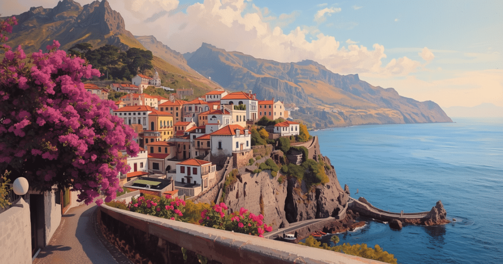 Farbenfrohe Kleinstadt auf Madeira mit Blick auf das Meer, Lebensraum für Auswanderer, besonders für Rentner die nach Madeira auswandern, Leben und Steuern auf Madeira erleben