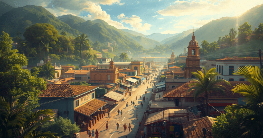 Farbige Kolonialstadt mit belebtem Markt und Bergen im Hintergrund, typisch für das Leben als Auswanderer in El Salvador.