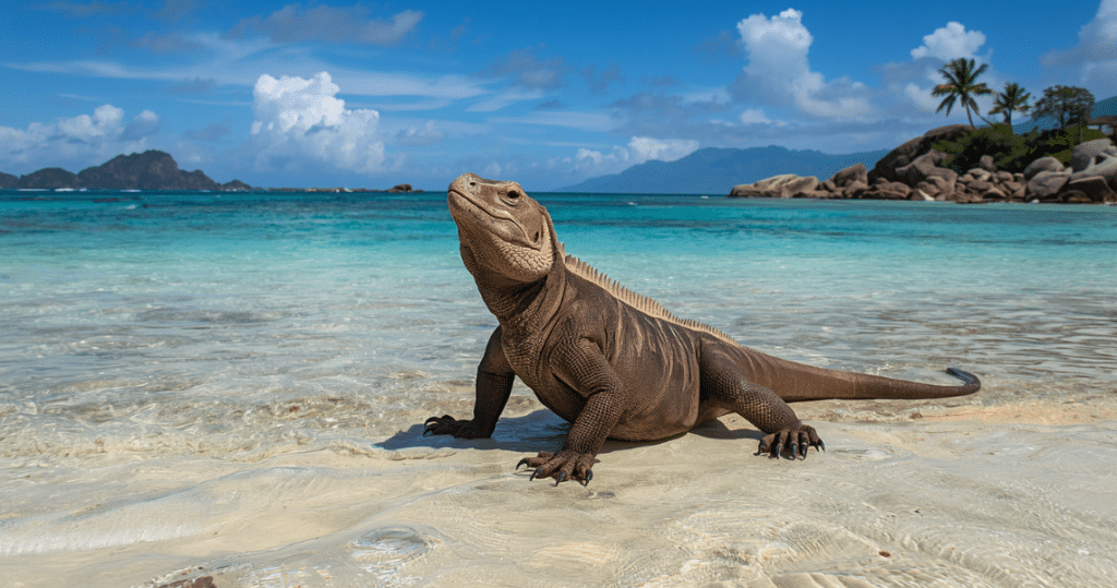 Komodowaran am Strand von Indonesien – Symbol für die Vielfalt beim Auswandern nach Indonesien, Erfahrungen auf Bali und Lombok