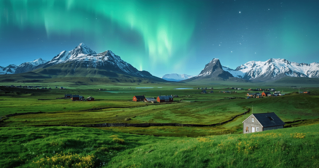 Idyllisches Dorf mit Polarlichtern und Bergen in Island – Symbol für das entspannte Auswandern nach Island, besonders für Rentner und Naturliebhaber.
