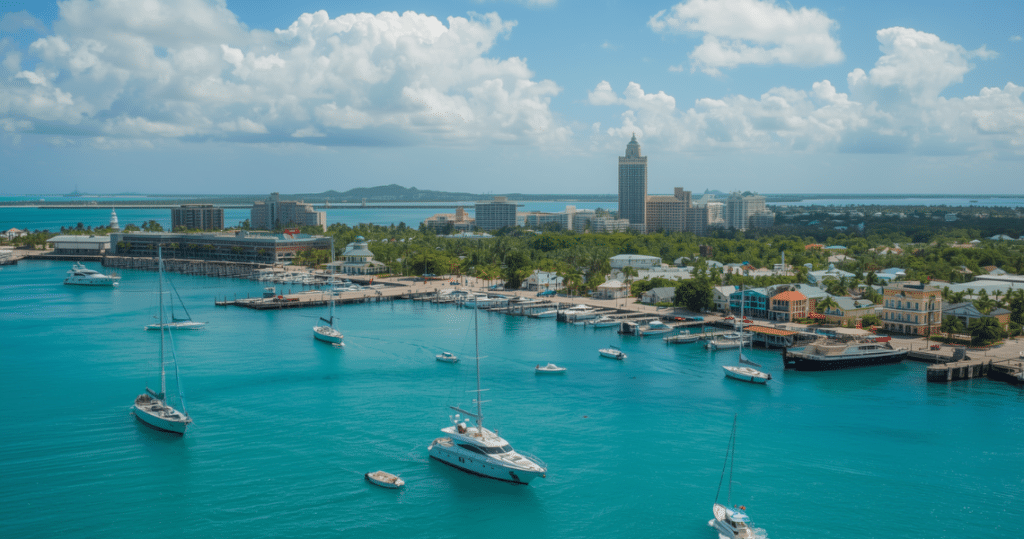 Nassau Skyline, Boote, Stadtleben bahamas, auswandern nach bahamas, wohnen und leben auf den Bahamas, bahamas auswandern