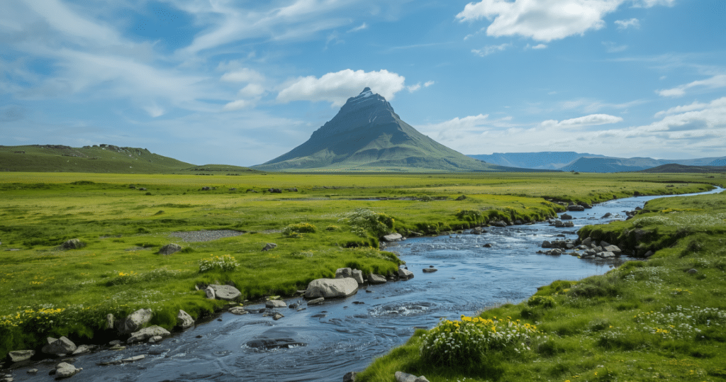 Grüne Täler und kristallklarer Fluss vor markantem Berg in Island – perfekte Umgebung zum Auswandern nach Island, auch mit Hund.