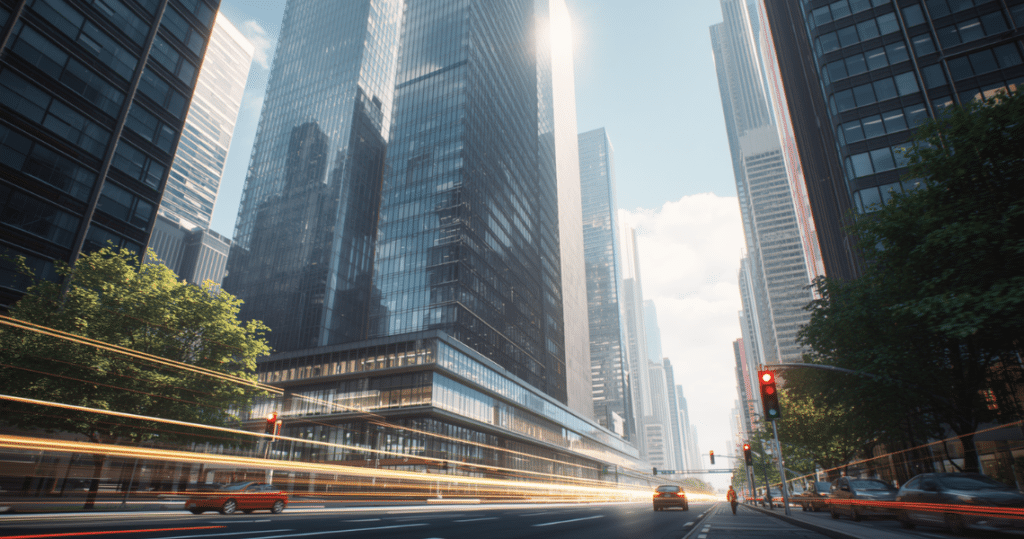 Moderne Großstadt: Symbol für den Schritt nach der abmeldung finanzamt auswandern, anlage wa est 2021, unternehmen abmelden finanzamt und neustart nach gewerbeabmeldung beim finanzamt. Relevante Keywords sind auch abmeldung finanzamt umzug ausland und steuerliche abmeldung beim Auslandsumzug.