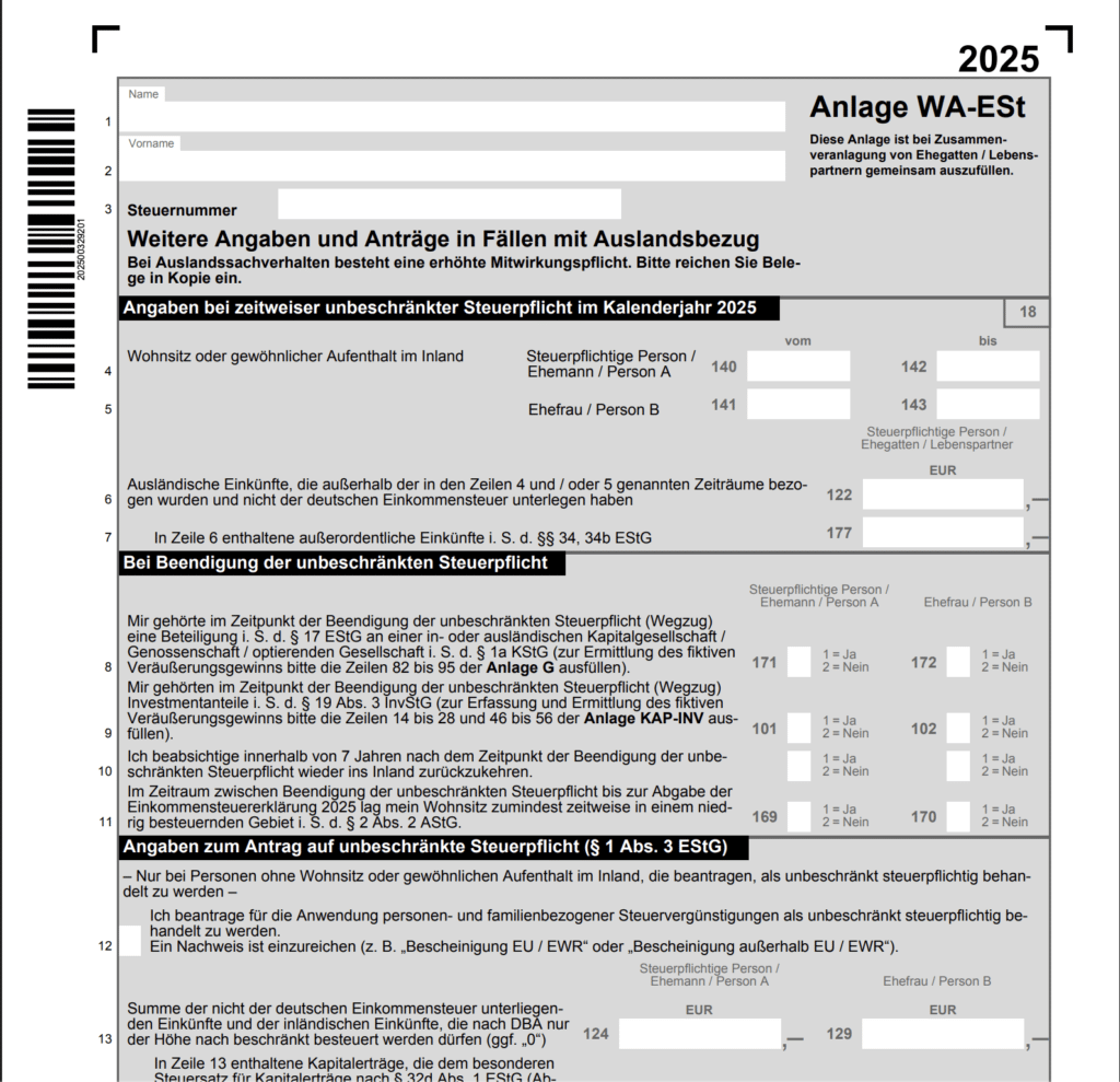 Das echte Formular der Anlage WA-EST: Anwendung für finanzamt abmelden auswandern,anlage wa est wann ausfüllen, abmeldung gewerbe finanzamt formular, abmeldung selbstständigkeit finanzamt, abmeldung kleingewerbe finanzamt, einzelunternehmen abmelden finanzamt und die gewerbeabmeldung beim finanzamt mit offizieller Erklärung für Wegzugsbesteuerung.