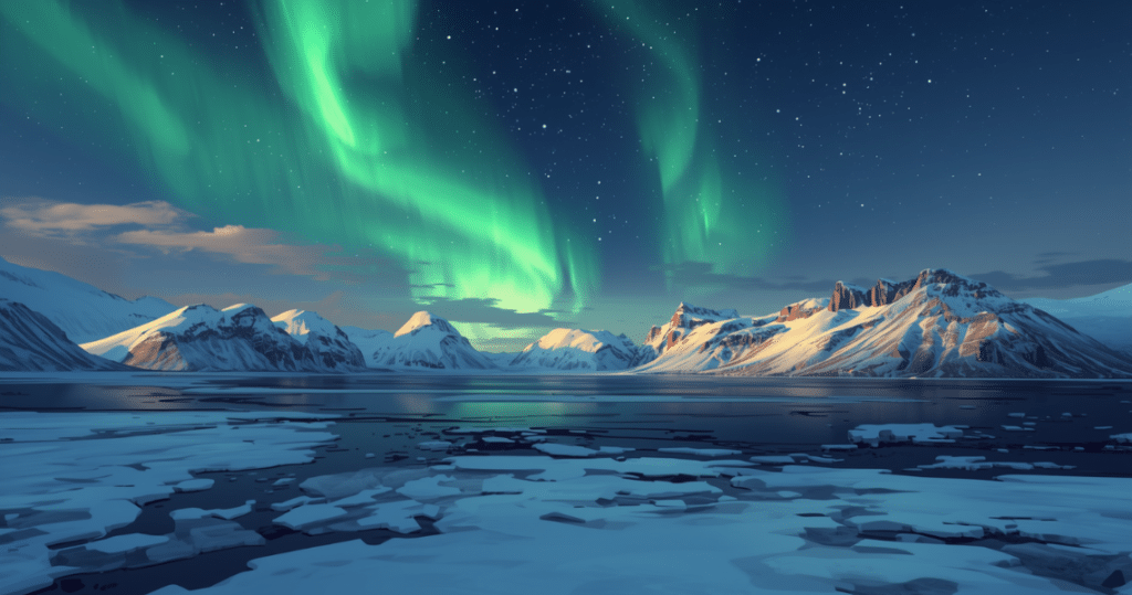 Polarlichter über einer verschneiten Berglandschaft in Island – Traumziel für alle, die auswandern nach Island, egal ob als Online-Unternehmer oder Rentner.