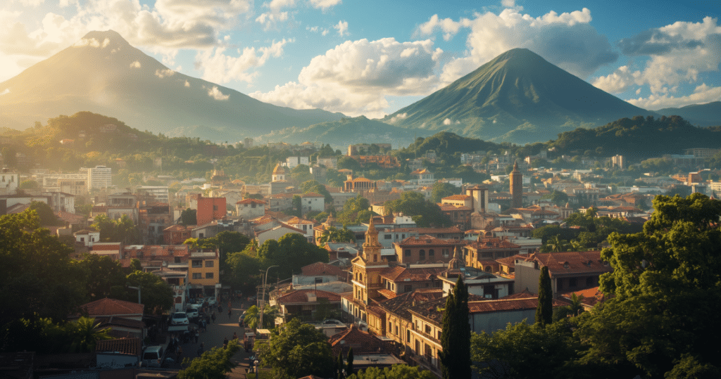 Stadtansicht von San Salvador mit Vulkanen im Hintergrund und traditionellen Häusern, ideales Ziel für digital mobile Unternehmer