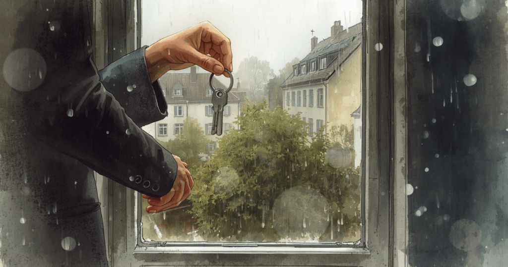 Person hält Schlüssel durch das Fenster nach draußen, regnerische Szene – Bild zur Abmeldung der Wohnung beim Umzug ins Ausland