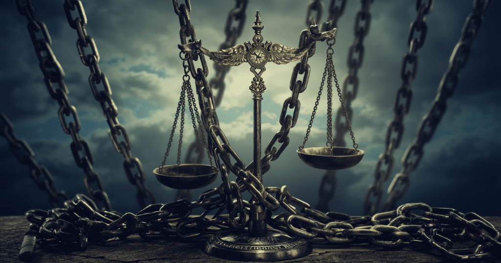 Düstere Waage mit Ketten als Symbol für Steuerdruck, § 2 AStG, Wegzugsbesteuerung und die Debatte um die erweiterte beschränkte Steuerpflicht bei Auswanderern