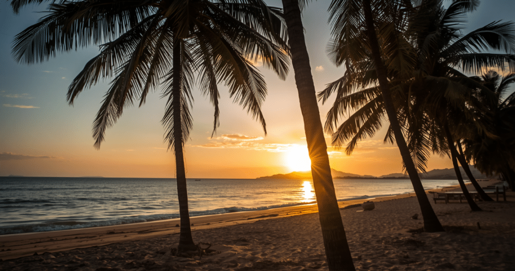 Malerischer, goldgelber Sonnenuntergang am Pazifikstrand von El Salvador mit Wellen, Symbol für entspannte Lebensqualität für Auswanderer