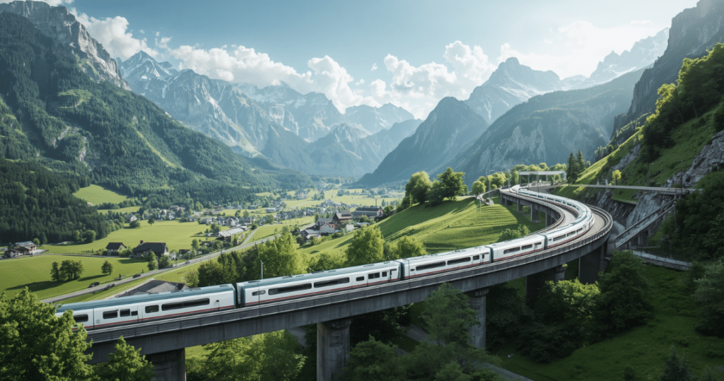 Moderner Zug in den Alpen von Liechtenstein als Symbol für Mobilität, Infrastruktur und Voraussetzungen rund um auswandern liechtenstein und einwandern nach Liechtenstein