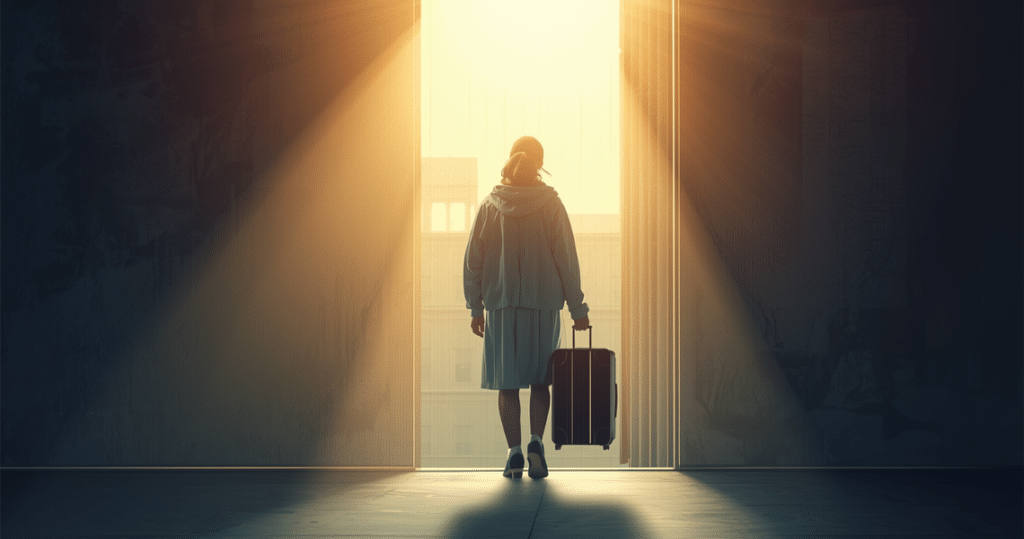 Person mit Koffer in Licht – Wegzug aus Deutschland, Life Change und steuerliche Planung gegen Wegzugsbesteuerung