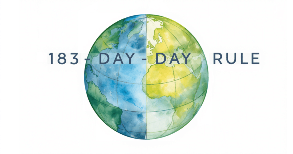 Weltkugel und Schriftzug 183 Day Rule, erklärt die globale Bedeutung der 183 Tage Regelung im Doppelbesteuerungsabkommen