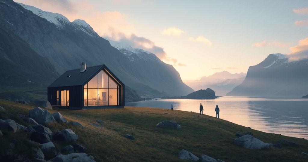Modernes skandinavisches Haus in isländischer Landschaft am See – Inspiration für alle, die das Auswandern nach Island, auch als Rentner, planen.