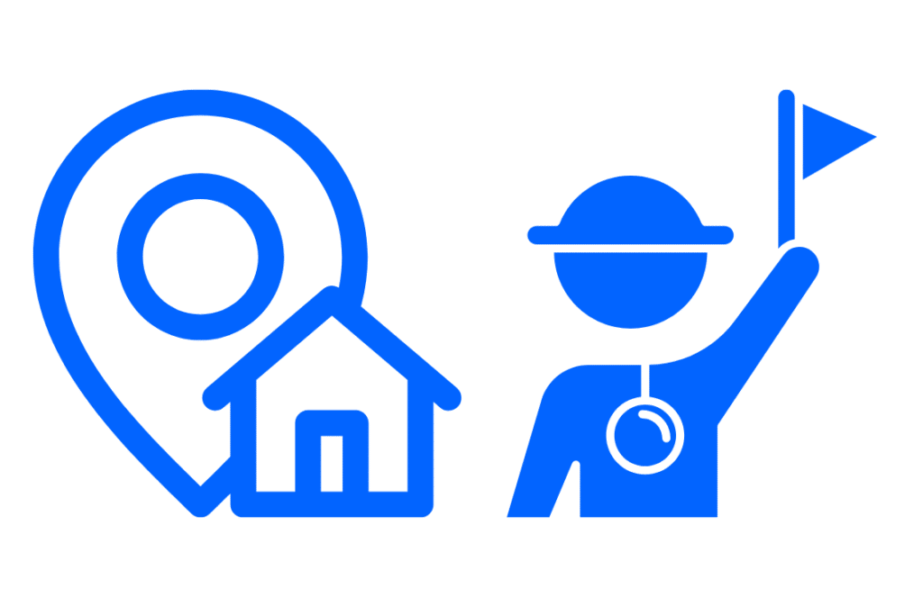 Icon mit Haus und Standortmarker sowie Person mit Fahne – Symbol für Wohnsitz abmelden, Abmeldung ins Ausland und Umzug