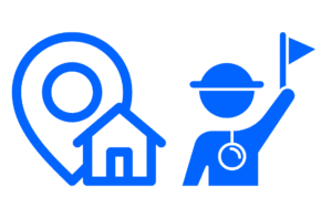 Icon mit Haus und Standortmarker sowie Person mit Fahne – Symbol für Wohnsitz abmelden, Abmeldung ins Ausland und Umzug