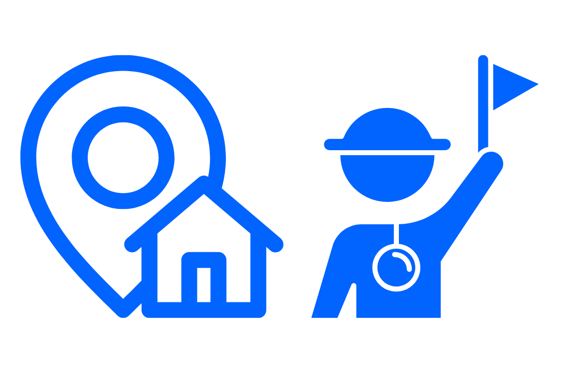 Icon mit Haus und Standortmarker sowie Person mit Fahne – Symbol für Wohnsitz abmelden, Abmeldung ins Ausland und Umzug