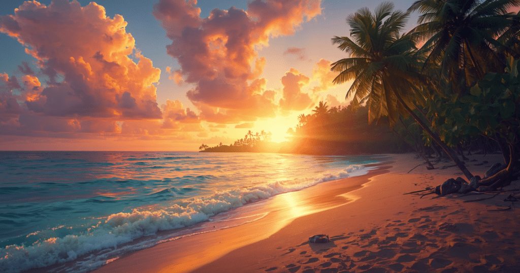 Sonnenuntergang am karibischen Strand von Roatán, Próspera Honduras, ideal für Auswanderer und digitale Nomaden, die Freiheit und Natur genießen möchten