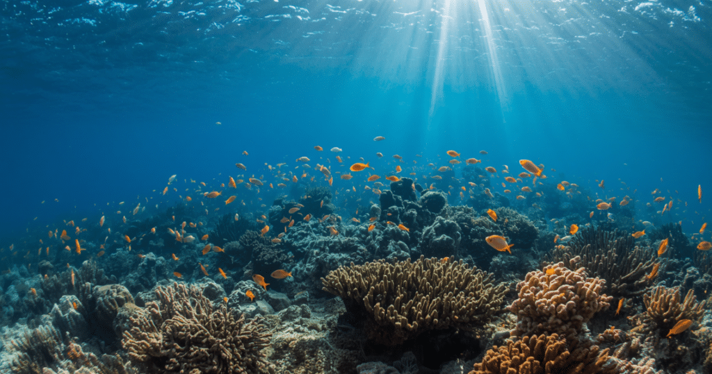 Unterwasseraufnahme des Korallenriffs bei Próspera Roatán, Honduras – einzigartiges Tauchparadies in der Nähe der Próspera Stadt für Auswanderer und Naturfreunde