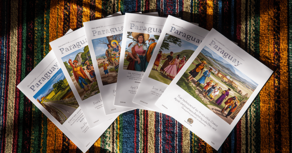 Mehrere Paraguay-Broschüren auf traditionellem Stoff mit Motiven zu Kultur, Alltag und Leben in Paraguay für Auswanderer und Digital Nomads.